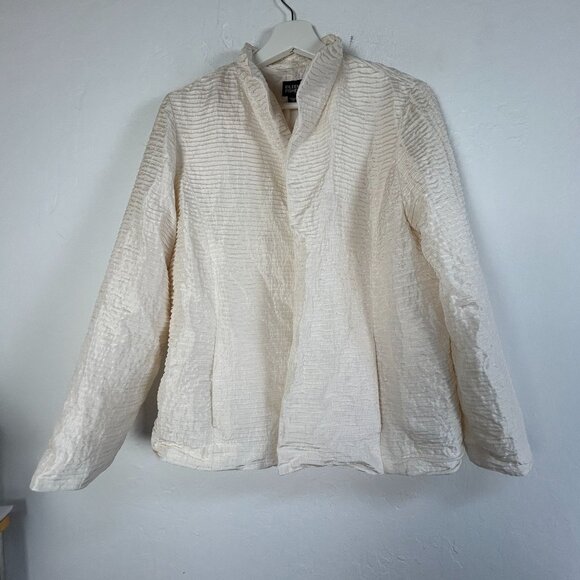 Eileen Fisher Women Textured Open Front Silk Blazer Cardigan Jacket Medium Ivory - Picture 1 of 11